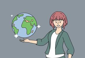 Smiling young woman holding a terrestrial globe or globe over her hand. A girl teacher in geography shows the device of the planet Earth. School education and training. Vector illustration