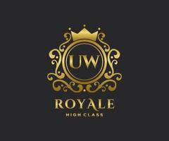 Golden Letter UW template logo Luxury gold letter with crown. Monogram alphabet . Beautiful royal initials letter. vector