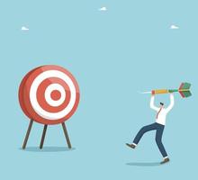 Motivation and determination on the path of great success, accuracy in setting goals and focus on achieving them, strategic planning in solving business problems, a man throws a dart right on target. vector