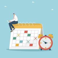 Planning and organizing schedule, electronic planning, calendar of work meetings and events, time management, notification and reminder of important events, man sits with a laptop on a work calendar. vector