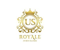 Golden Letter US template logo Luxury gold letter with crown. Monogram alphabet . Beautiful royal initials letter. vector