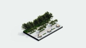 environment isometric park nature. isometric environmental sustainable landscape forest with people rest, 3d render animation. environment with tree, grass leaf, river, footpath on white isolated. video