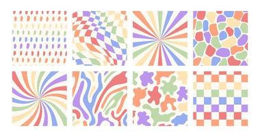 Set of checkerboard backgrounds in pale pastel colors. Groovy hippie chessboard pattern. Retro 60s 70s psychedelic design. Gingham vector wallpaper collection for print templates or textile.