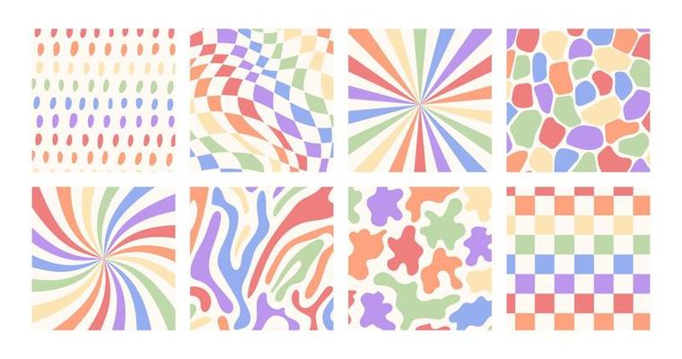 Set of checkerboard backgrounds in pale pastel colors. Groovy hippie chessboard pattern. Retro 60s 70s psychedelic design. Gingham vector wallpaper collection for print templates or textile.