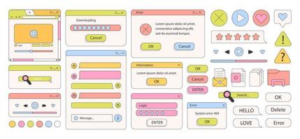 90s retro vaporwave old desktop user interface elements. Cute nostalgic computer ui, vintage aesthetic icons and windows vector set. 90s interface digital, retro window computer stock illustration