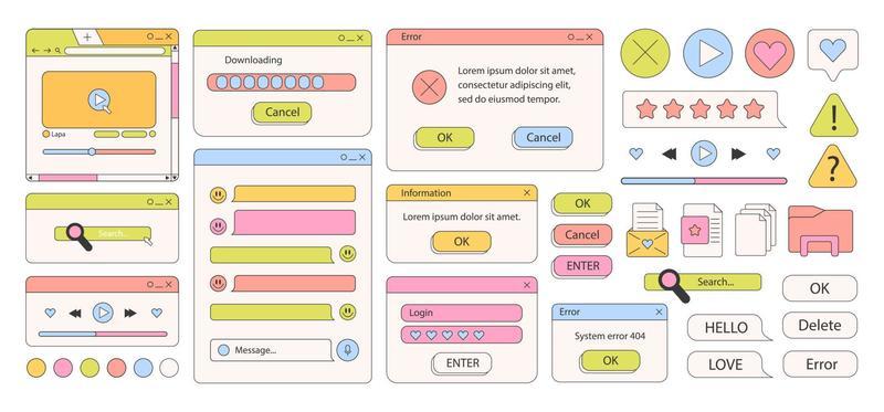 90s retro vaporwave old desktop user interface elements. Cute nostalgic computer ui, vintage aesthetic icons and windows vector set. 90s interface digital, retro window computer stock illustration