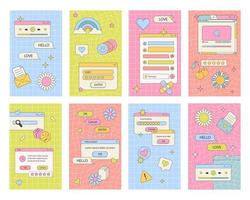 Cute nostalgic 90s retro vaporwave post and story template. Social media stories and posts with old computer aesthetic ui elements vector set. Vector Illustration of retro groovy abstract interface.