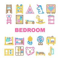 dormitorio habitación niño interior íconos conjunto vector
