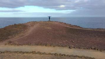 aéreo ver de mujer carreras a lo largo el frente al mar naturaleza reserva a amanecer. sano activo estilo de vida video