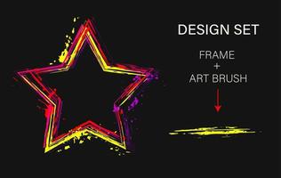 Set of design elements, star shaped frame, grunge art brush. Geometric shape with copy spase, paint brush strokes, spattered paint of neon bright colors. Virtual abstract clip art vector