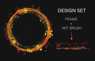 Set of design elements, circular frame, grunge art brush. Circle with copy spase, paint brush strokes, radial rays, spattered paint of neon bright colors. Virtual abstract clip art vector