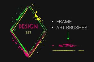 Set of design elements, rhombus frame, grunge art brush. Geometric shape with copy spase, paint brush strokes, spattered paint of neon bright colors. Virtual abstract clip art vector