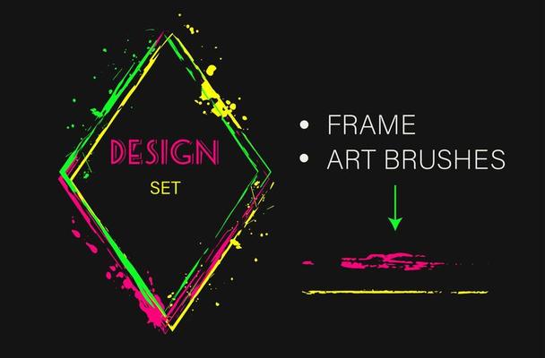 Set of design elements, rhombus frame, grunge art brush. Geometric shape with copy spase, paint brush strokes, spattered paint of neon bright colors. Virtual abstract clip art