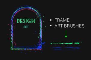 Set of design elements, arch frame, grunge art brush. Geometric shape with copy spase, paint brush strokes, spattered paint of neon bright colors. Virtual abstract clip art vector