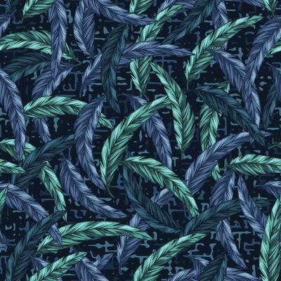 Seamless blue camouflage pattern with intertwined feathers. Textured with small abstract shapes background. Dense composition with overlapping elements. Good for t-shirt design, textile, sport goods.