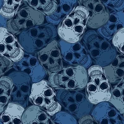 Blue camouflage pattern with human skulls. Monochrome background. . Dense random chaotic composition. Good for apparel, fabric, textile, sport goods.