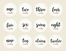 12 months stickers for the first year of the baby's life. Names of numbers. Beige background. Vector design.