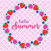 Hello summer poster with berries and waffle background. Vector design