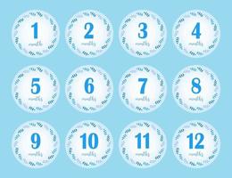 12 months stickers for the first year of the baby boy's life. Blue background with leaves in circle. Vector design.