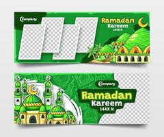 Green Ramadan Kareem Banners with Hand Drawn Mosques Illustration vector