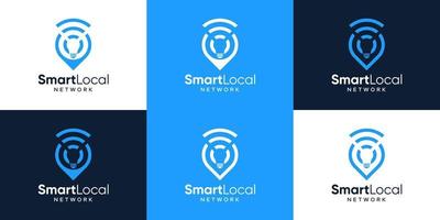 Collection of pin location logo design with signal wifi connection and light bulb design graphic vector illustration. Smart Local symbol, icon, creative.