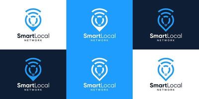 Collection of pin location logo design with signal wifi connection and light bulb design graphic vector illustration. Smart Local symbol, icon, creative.