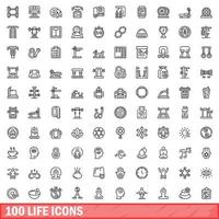 100 life icons set, outline style vector