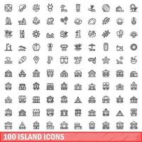 100 island icons set, outline style vector