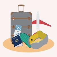 Isolated suitcase with different travel accesory items Vector illustration