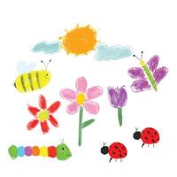 Multicolored symbols set for kindergarten, school. Children pattern. Kids drawing flowers, sun, ladybug, worm, bee, honey, butterfly. vector