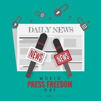 World Press Freedom Day greeting with microphone in front of the newspaper and surrounded by open padlocks vector