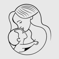 Mother kissing her child, Line art vector illustration