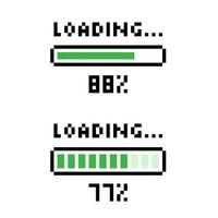 Loading icon in pixel art style, load bar 88 percent, 77 percent, downloading, loading or installing vector