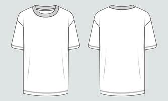 corto manga t camisa técnico Moda plano bosquejo vector ilustración modelo frente y espalda puntos de vista. ropa diseño burlarse de arriba para de los hombres aislado en gris antecedentes.