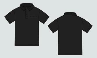 corto manga polo camisa técnico Moda plano bosquejo vector ilustración negro color modelo frente y espalda puntos de vista. ropa diseño burlarse de arriba para de los hombres aislado en blanco antecedentes