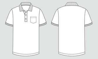 Short sleeve Polo shirt Technical Fashion flat sketch vector illustration template front and back views. Clothing design mock up for men's isolated on grey background.