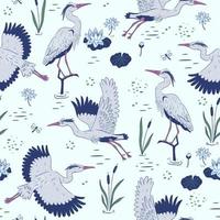 Seamless pattern with herons on the lake. Vector graphics.