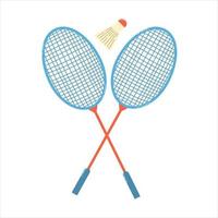 Isolated two crossed badminton rackets with shuttlecock in flat style on white background. Vector colorful illustration. Summer recreation