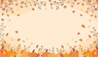 happy thanksgiving greeting background with pumpkins, butternut squash, maple leaves or leaf Vector illustration for Thanksgiving autumn, harvest festival. Template for poster, banner, cards