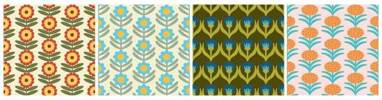Set of Retro Floral Pattern. 70s Funky Design collection with Geometric Flowers. Groovy Mid Century scandi Seamless vector texture for fabric design, textile print, wrapping, cover