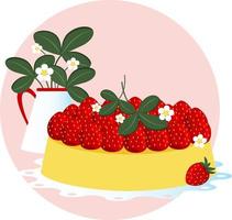 Strawberry still life style vector illustration. Strawberry cake or pie on a plate and a jug with blossoms and leaves.