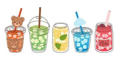 Cold drinks set. Yummy Beverages in Glass or Plastic Cups with Straw, Graphic Design Collection, Cartoon Vector Illustration