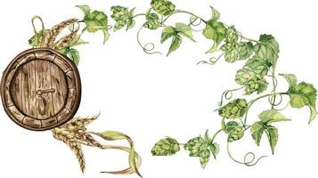 Wooden beer barrel and hop vine, wheat ear watercolor illustration isolated on white. vector