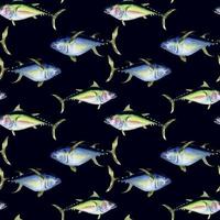 Various wild sea fish seamless pattern watercolor illustration isolated on dark. vector