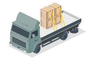 Isometric Flatbed Cargo Truck with Boxes. Commercial Transport. Logistics. City Object for Infographics. Car for Carriage of Goods. Front View. vector