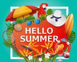 Hello summer background with tropical plants and flowers. For typographical, banner, poster, party invitation. Vector illustration