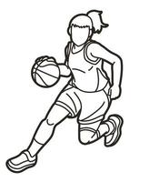 Outline Basketball Sport Female Player Running Action vector