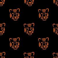 Seamless pattern with Tiger head illustration in outline style on black background vector