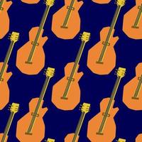 Seamless pattern with illustration of musical instrument electric guitar in cutting style orange color on blue background vector