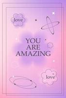 Y2k gradient unfocused poster, card with motivational phrase. Blurred gradient background with geometric shapes. vector